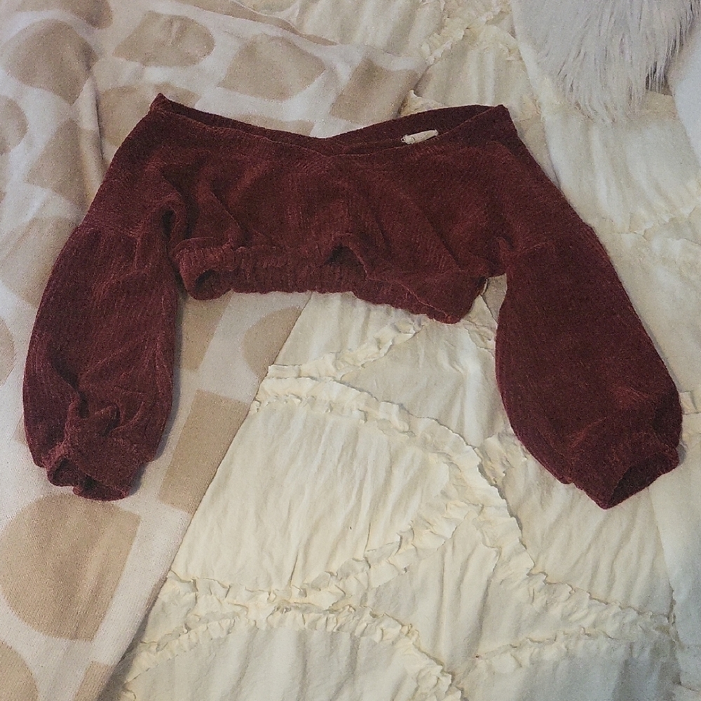 NWOT🍂 Rusty Burgundy Off-Shoulder Cropped Ribbed Sweater!